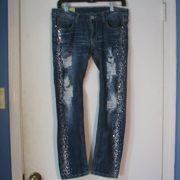 Machine Pour Neuf Mode Jeans Size 11 Juniors Tons of Bling Crystals Distressed - Picture 1 of 8